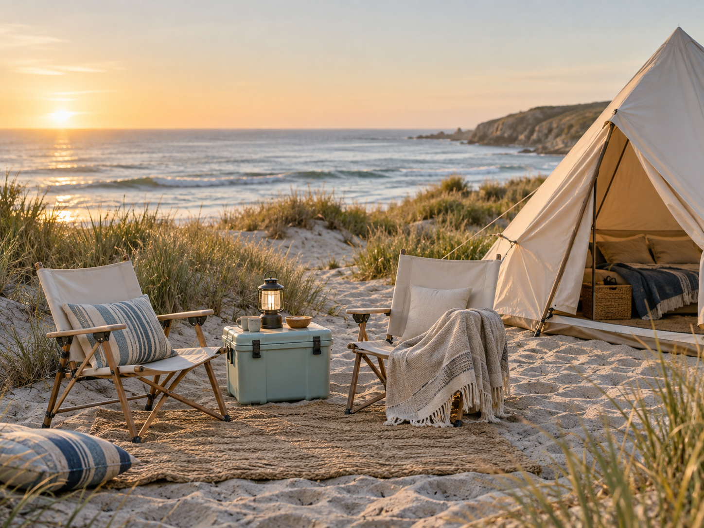 Coastal campsite with canvas chairs, cooler, lantern, and tent