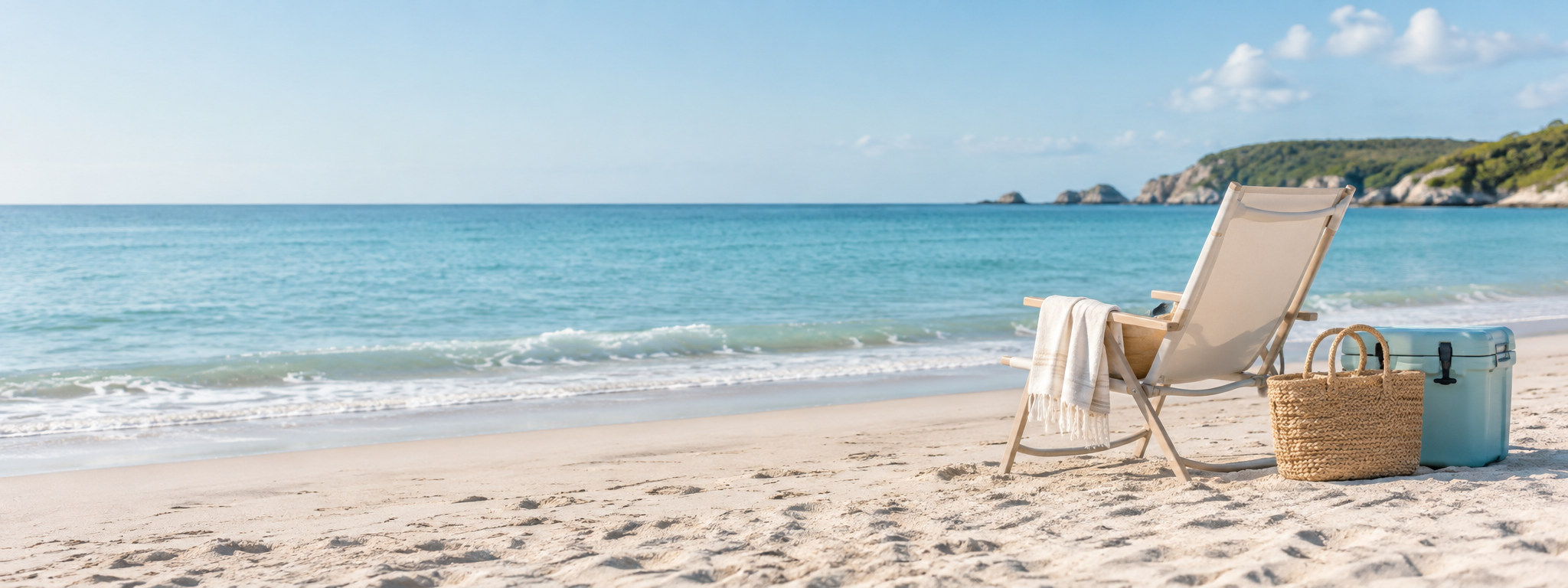 Coastal beach setting with outdoor chair, cooler, and woven tote