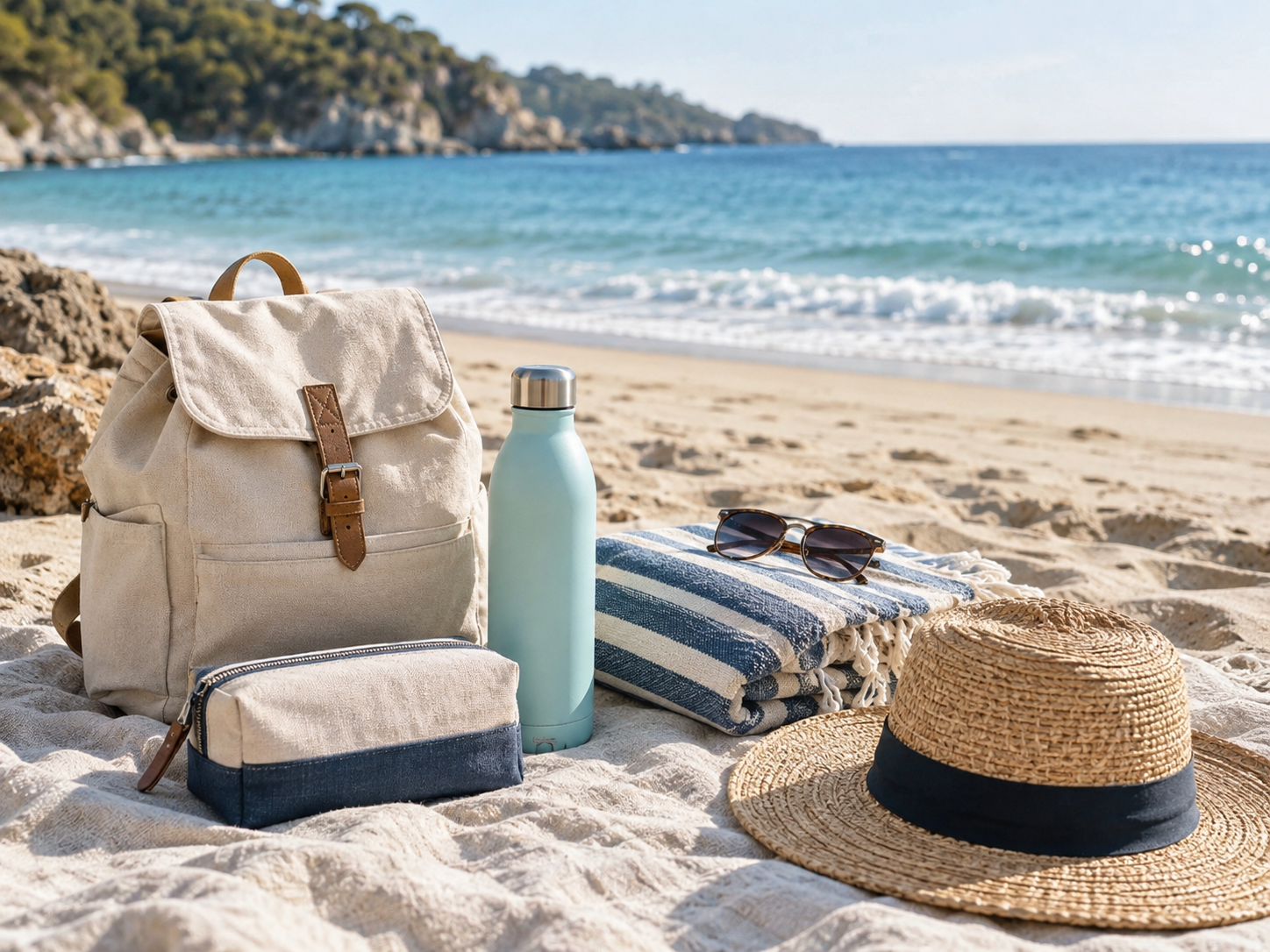 Coastal travel essentials arranged beside the ocean